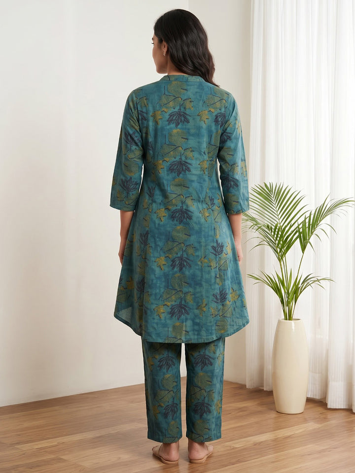 Blue Embroidered Cotton Blend Kurta Set