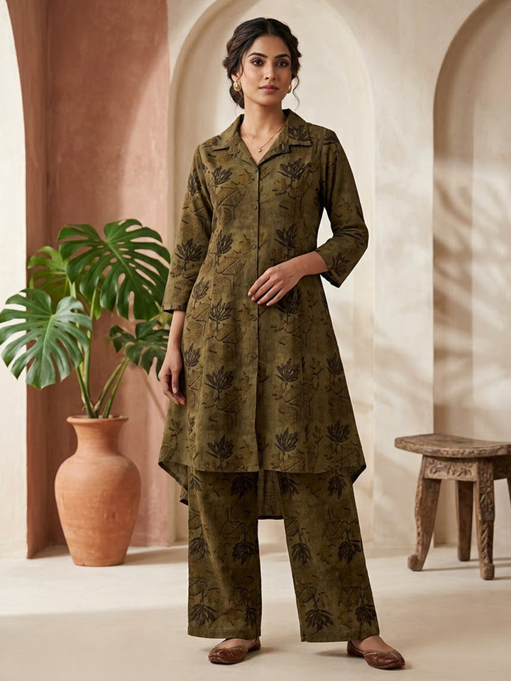 Mehandi Embroidered Cotton Blend Kurta Set