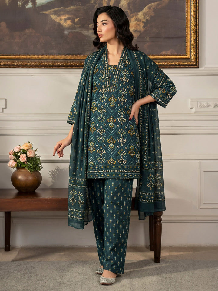 Blue Printed Cotton Blend Kurta With Pant &amp; Dupatta
