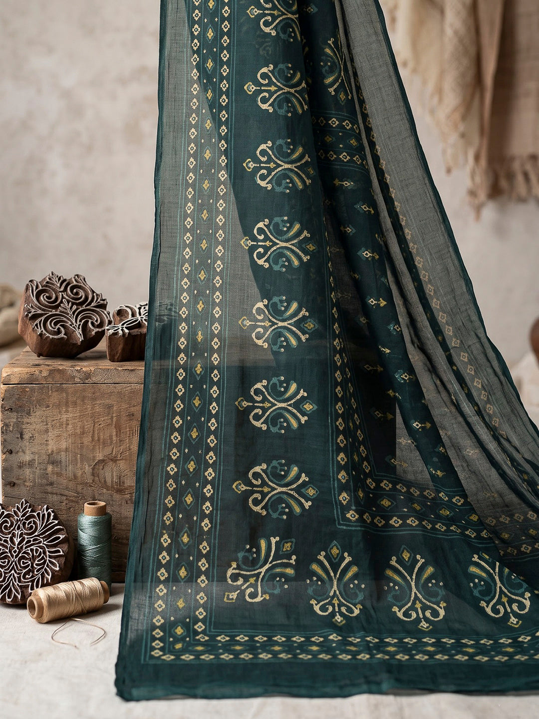 Blue Printed Cotton Blend Kurta With Pant &amp; Dupatta