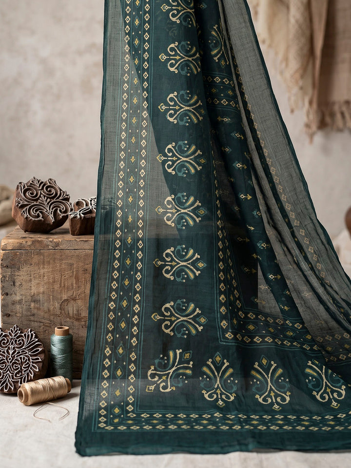 Blue Printed Cotton Blend Kurta With Pant &amp; Dupatta