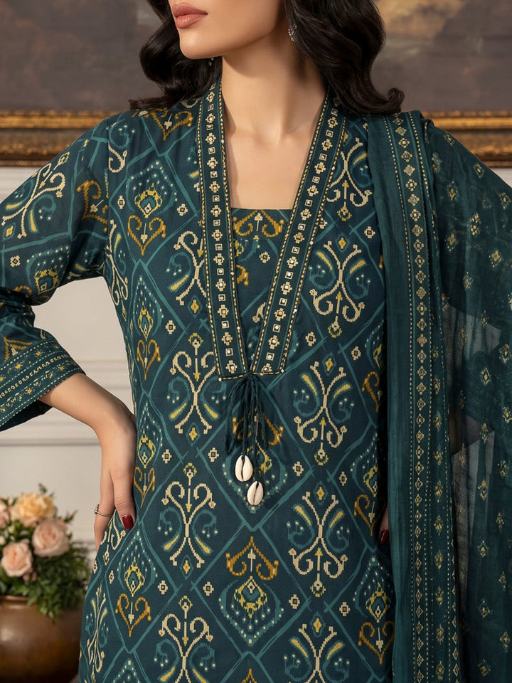 Blue Printed Cotton Blend Kurta With Pant &amp; Dupatta
