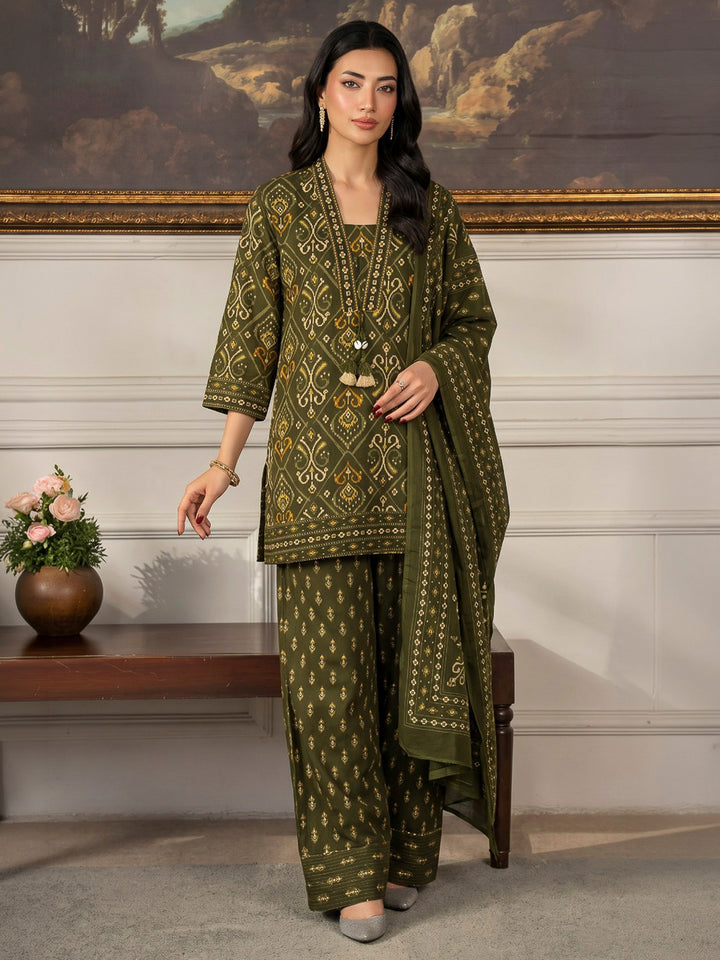 Green Printed Cotton Blend Kurta With Pant &amp; Dupatta