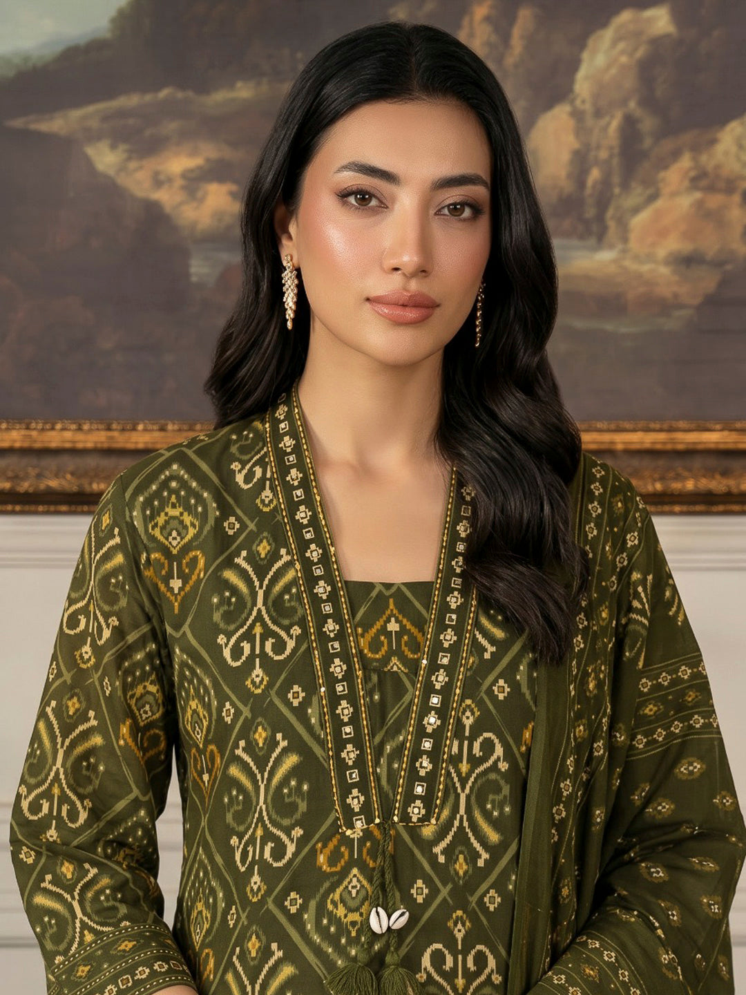 Green Printed Cotton Blend Kurta With Pant &amp; Dupatta