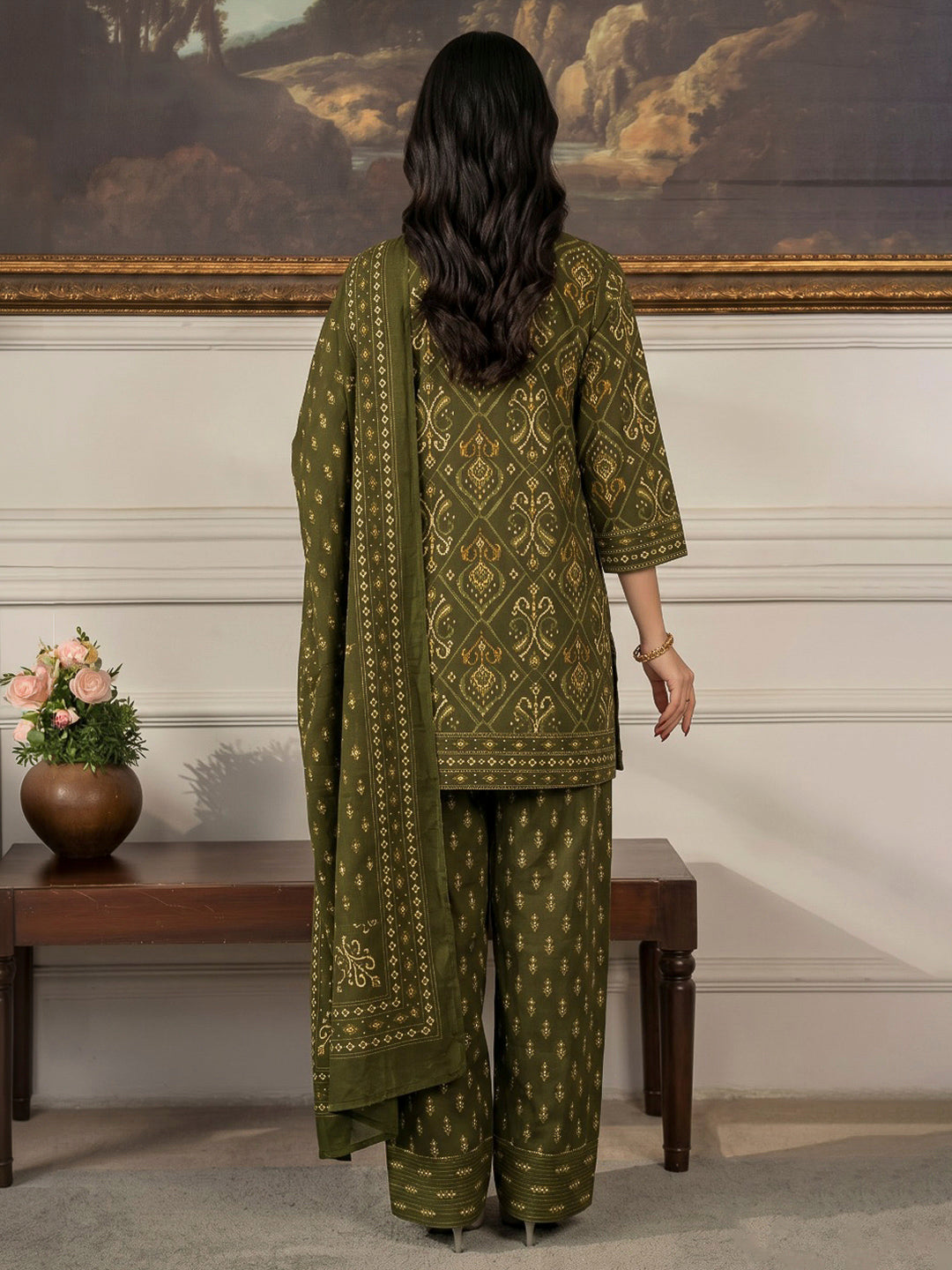 Green Printed Cotton Blend Kurta With Pant &amp; Dupatta
