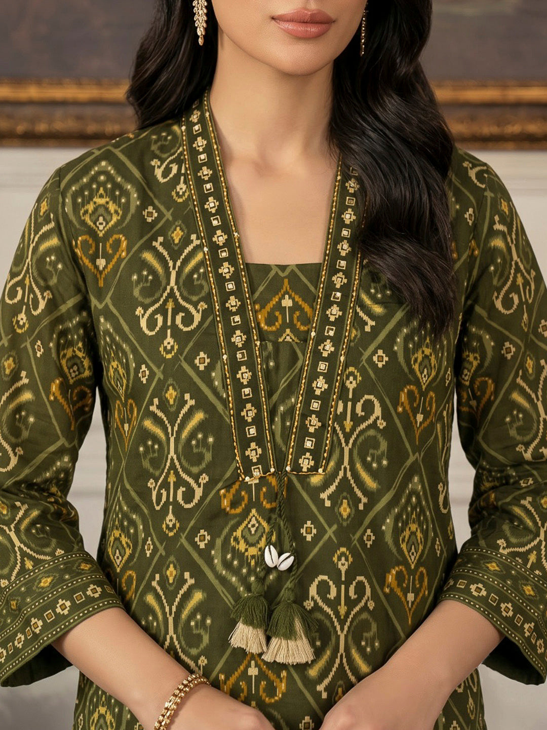 Green Printed Cotton Blend Kurta With Pant &amp; Dupatta