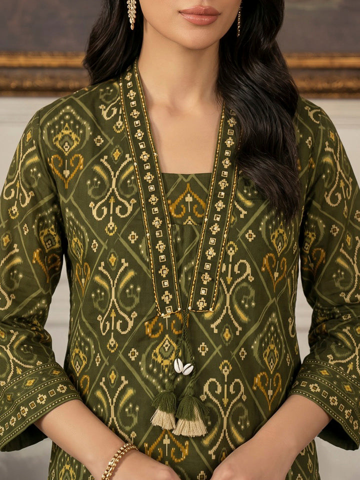 Green Printed Cotton Blend Kurta With Pant &amp; Dupatta