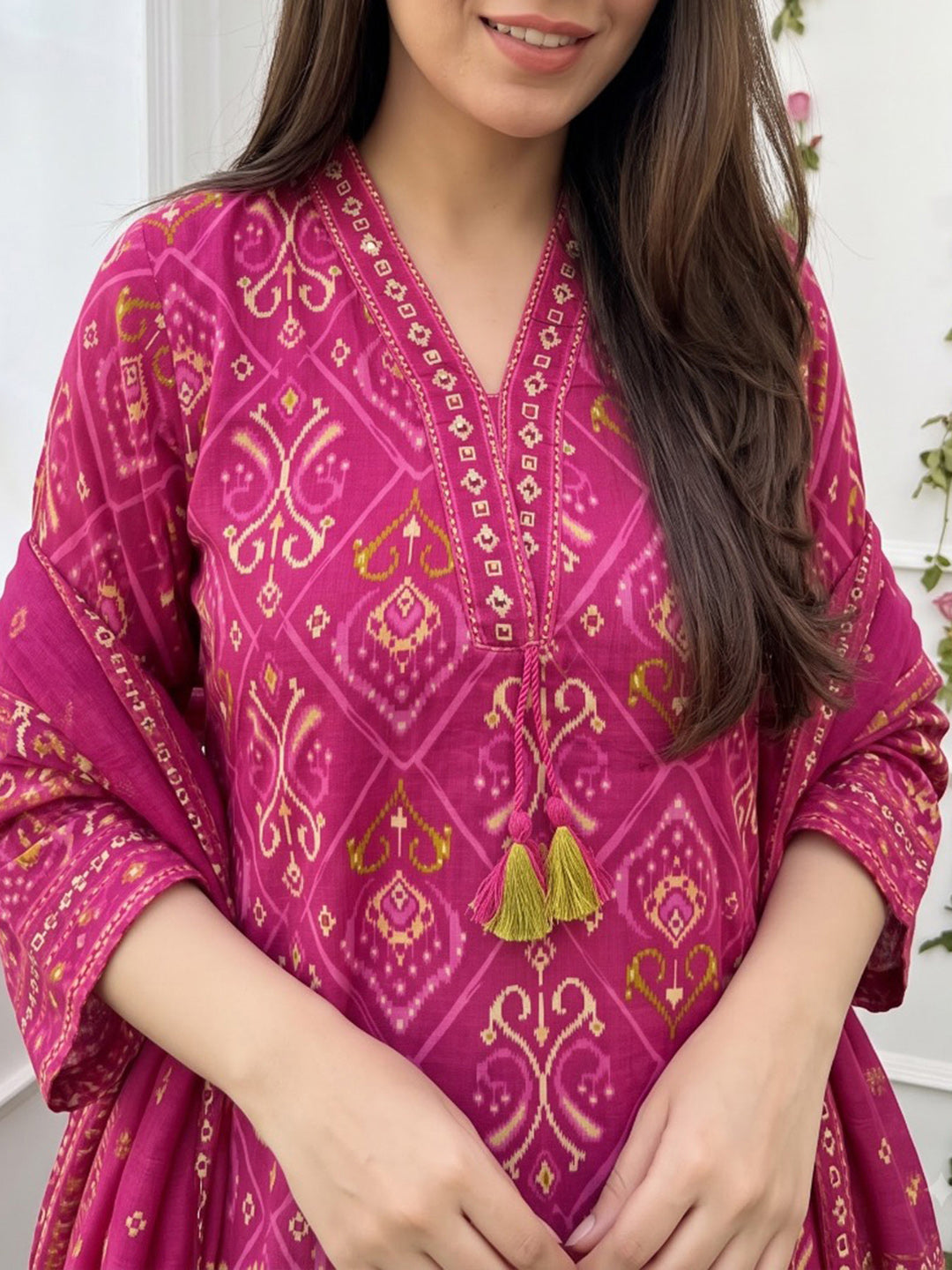 Pink Printed Cotton Blend Kurta With Pant &amp; Dupatta
