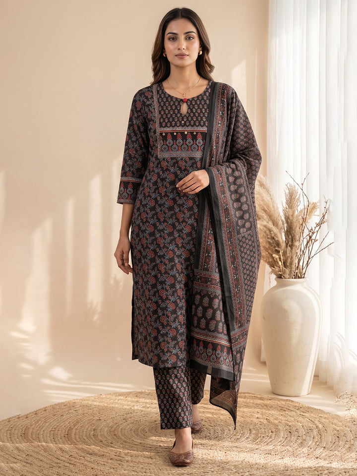 Black Embroidery Cotton Blend Kurta With Pant &amp; Dupatta