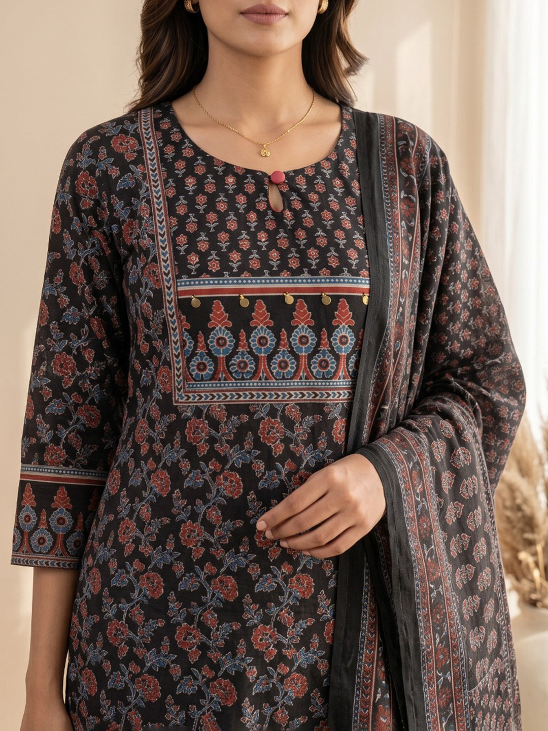 Black Embroidery Cotton Blend Kurta With Pant &amp; Dupatta