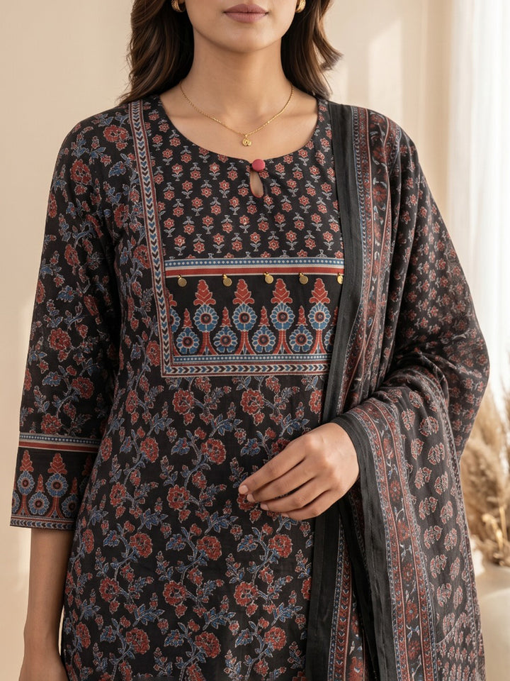 Black Embroidery Cotton Blend Kurta With Pant &amp; Dupatta