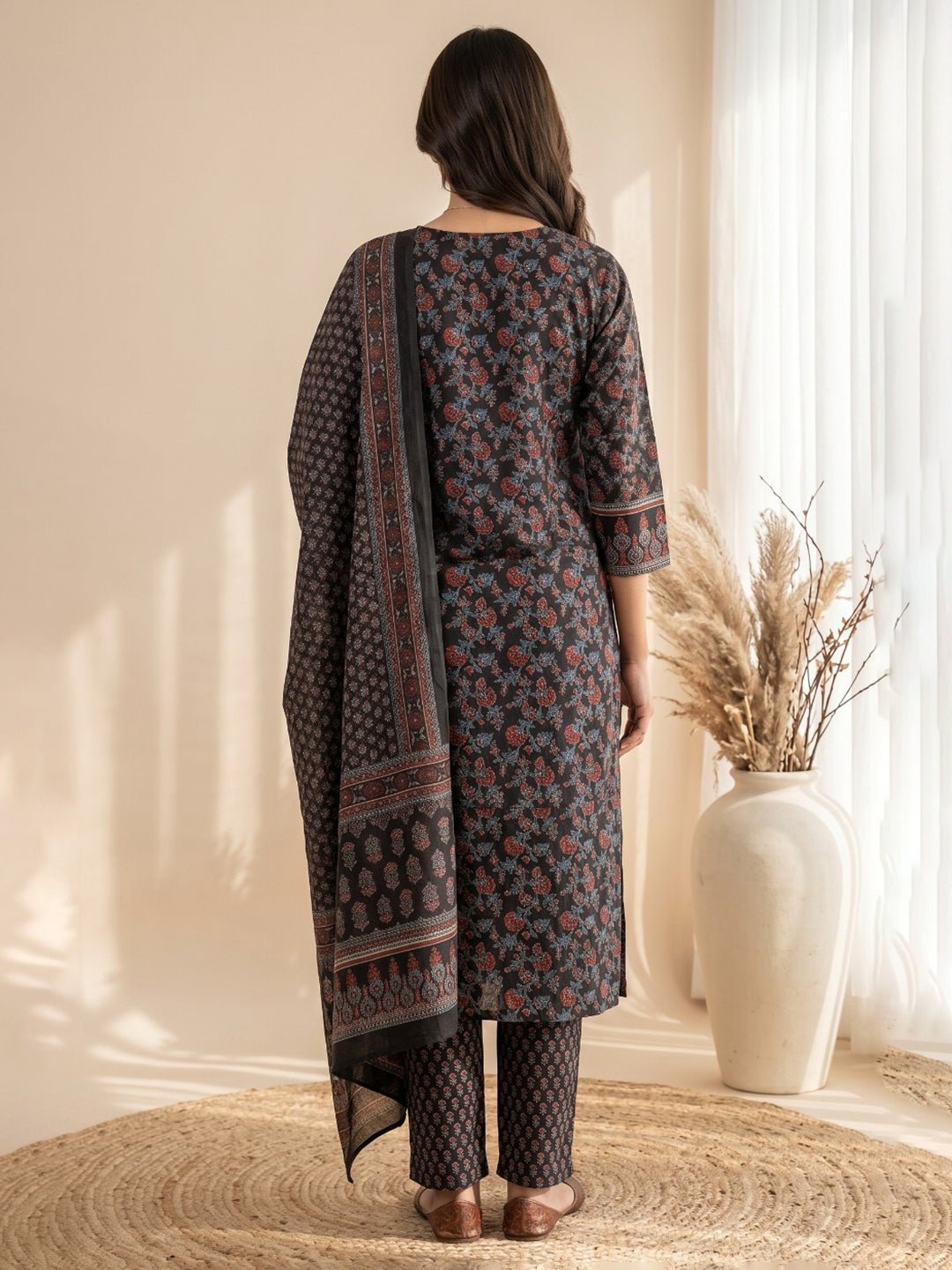 Black Embroidery Cotton Blend Kurta With Pant &amp; Dupatta