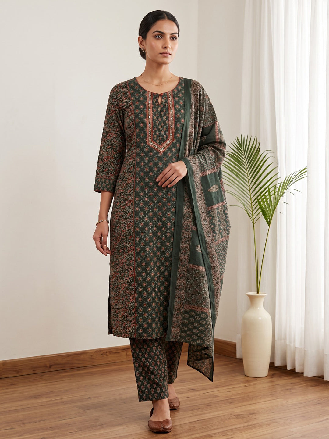 Green Embroidery Cotton Blend Kurta With Pant &amp; Dupatta