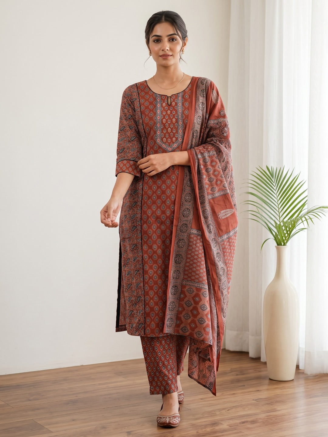 Maroon Embroidery Cotton Blend Kurta With Pant &amp; Dupatta