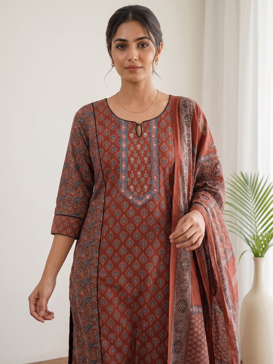 Maroon Embroidery Cotton Blend Kurta With Pant &amp; Dupatta