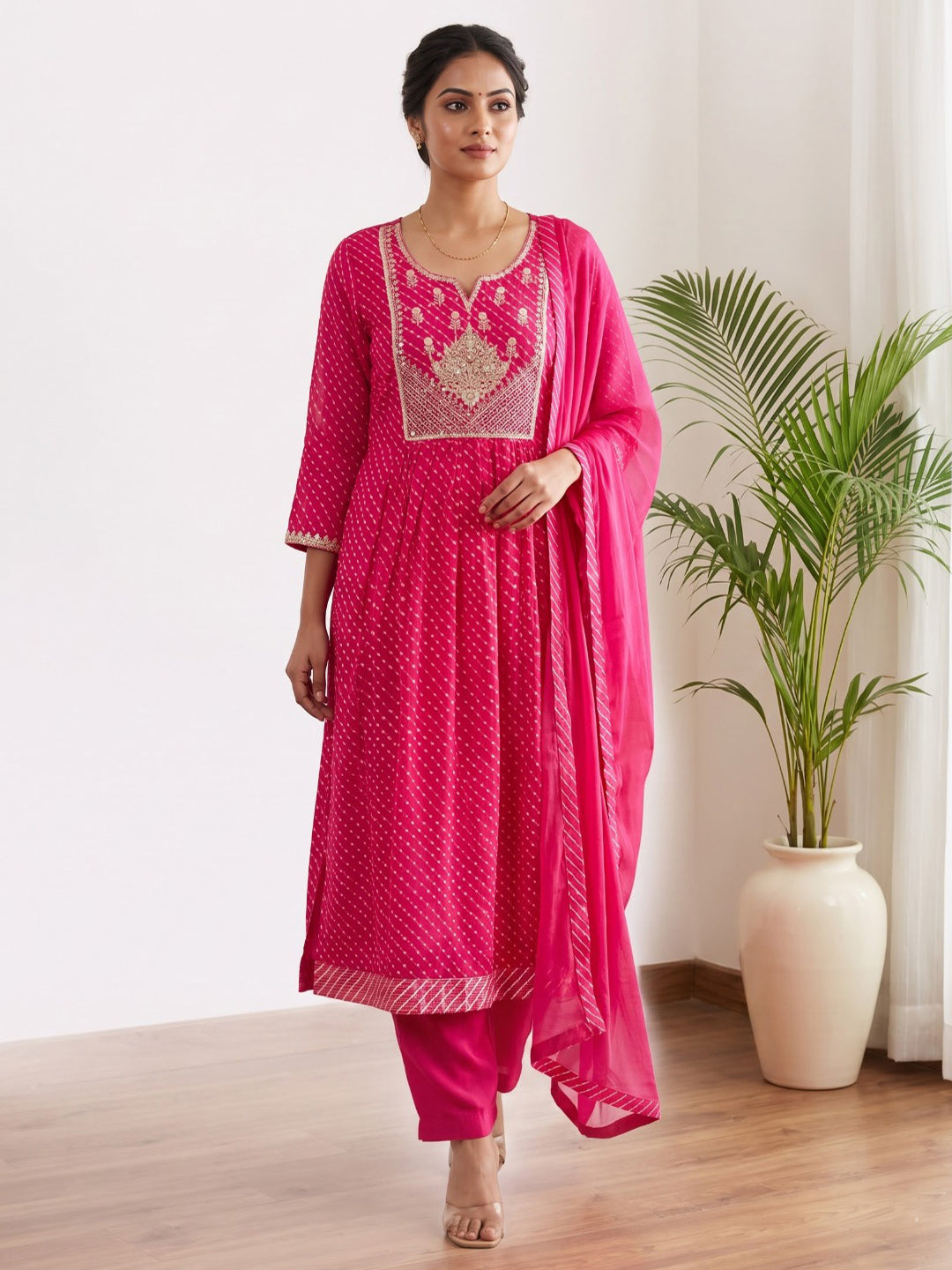 Pink Printed Cotton Blend Kurta With Pant &amp; Dupatta