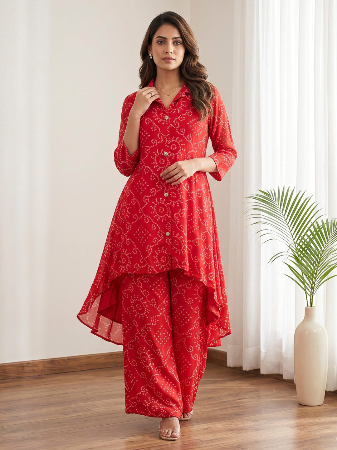 Red Printed Georgette Kurta Set
