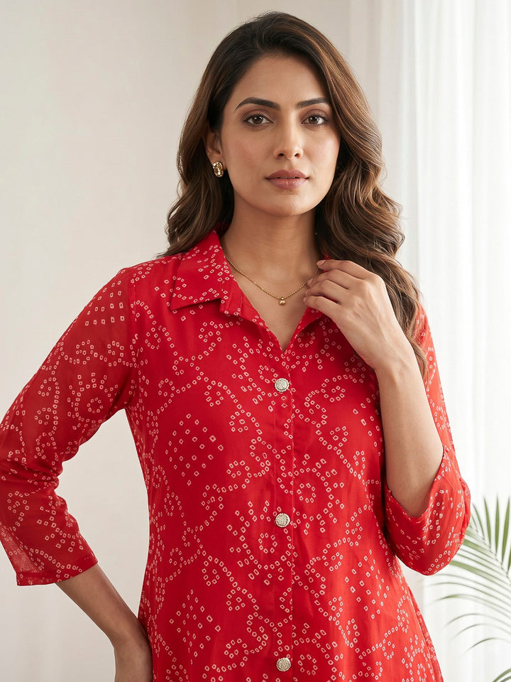 Red Printed Georgette Kurta Set