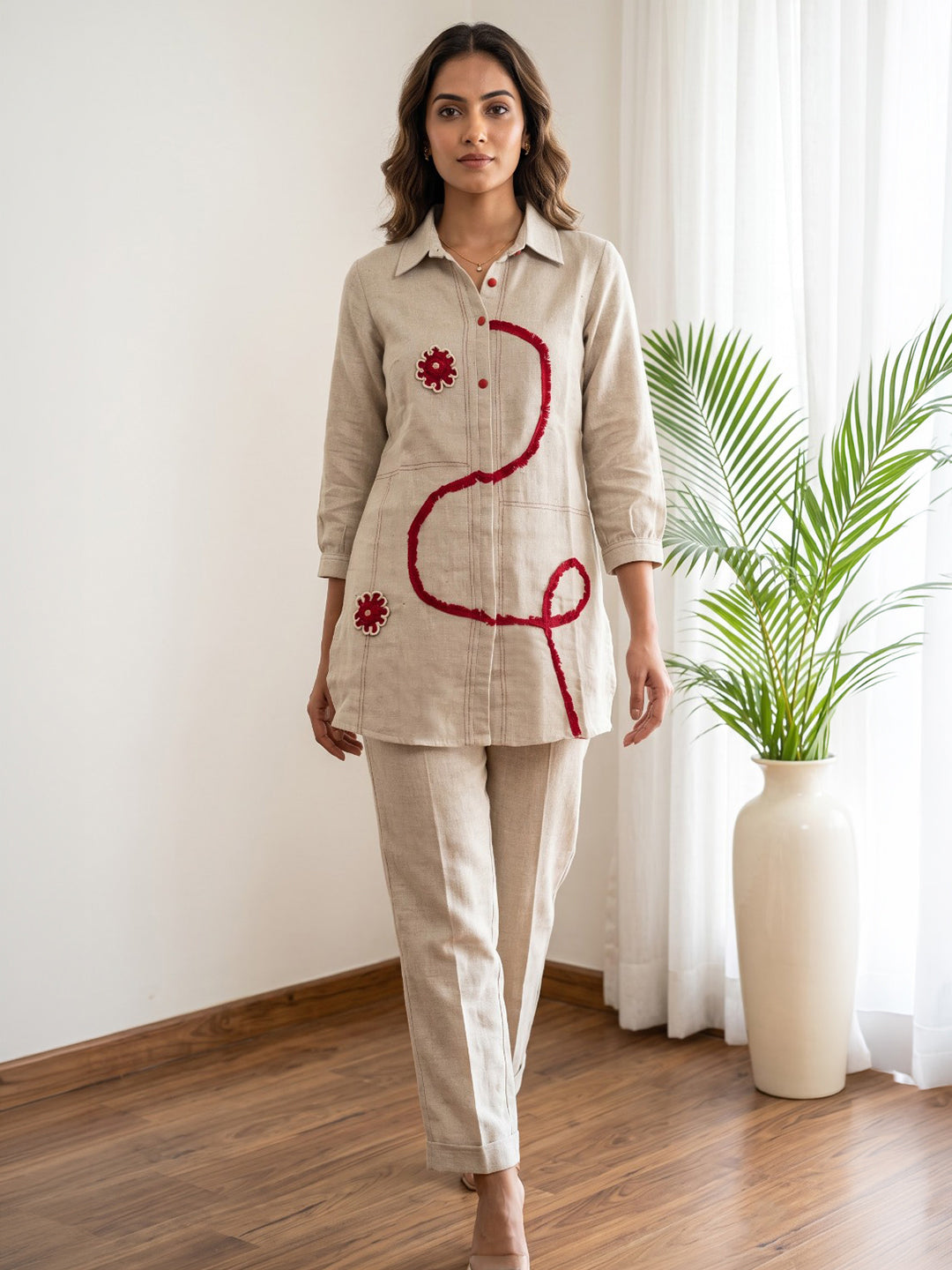 Off White Embroidered Cotton Blend Kurta Set