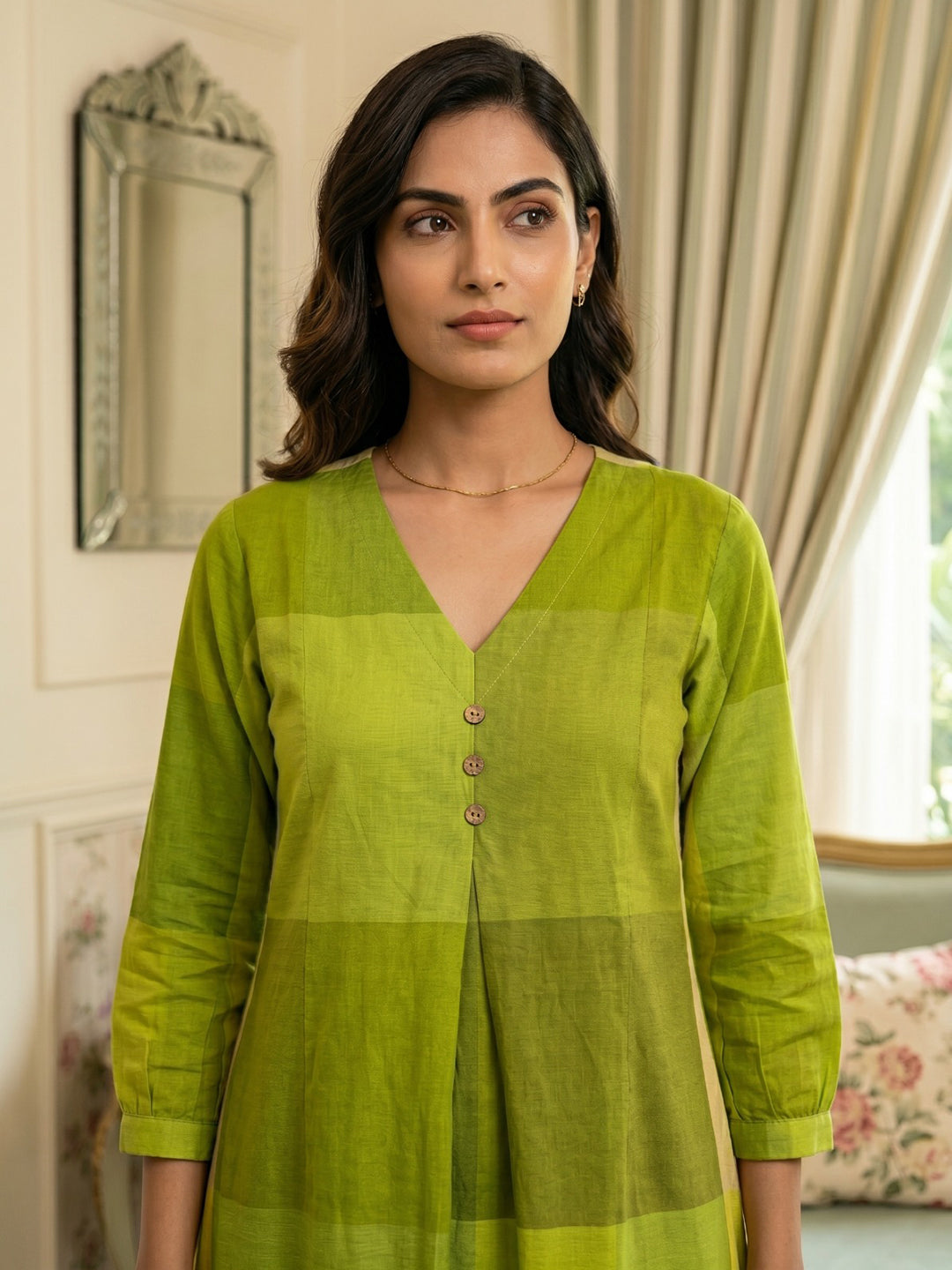 Green Printed Cotton Blend Round Neck Straight Kurta With Pant