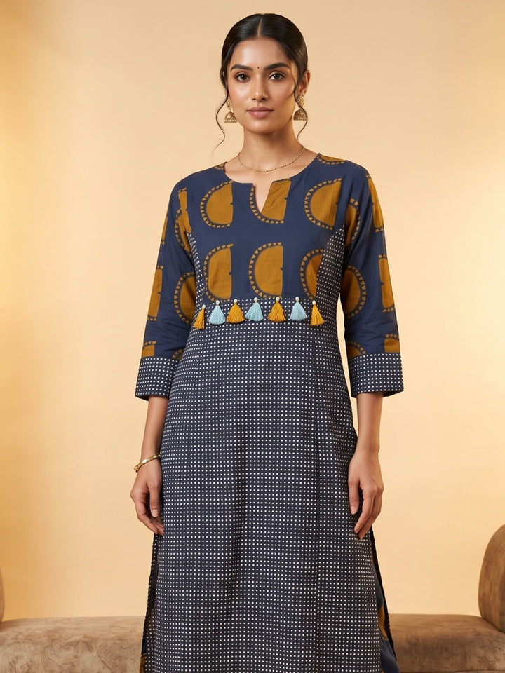 Blue Embroidered Cotton Blend Round Neck Straight Kurta With Pant