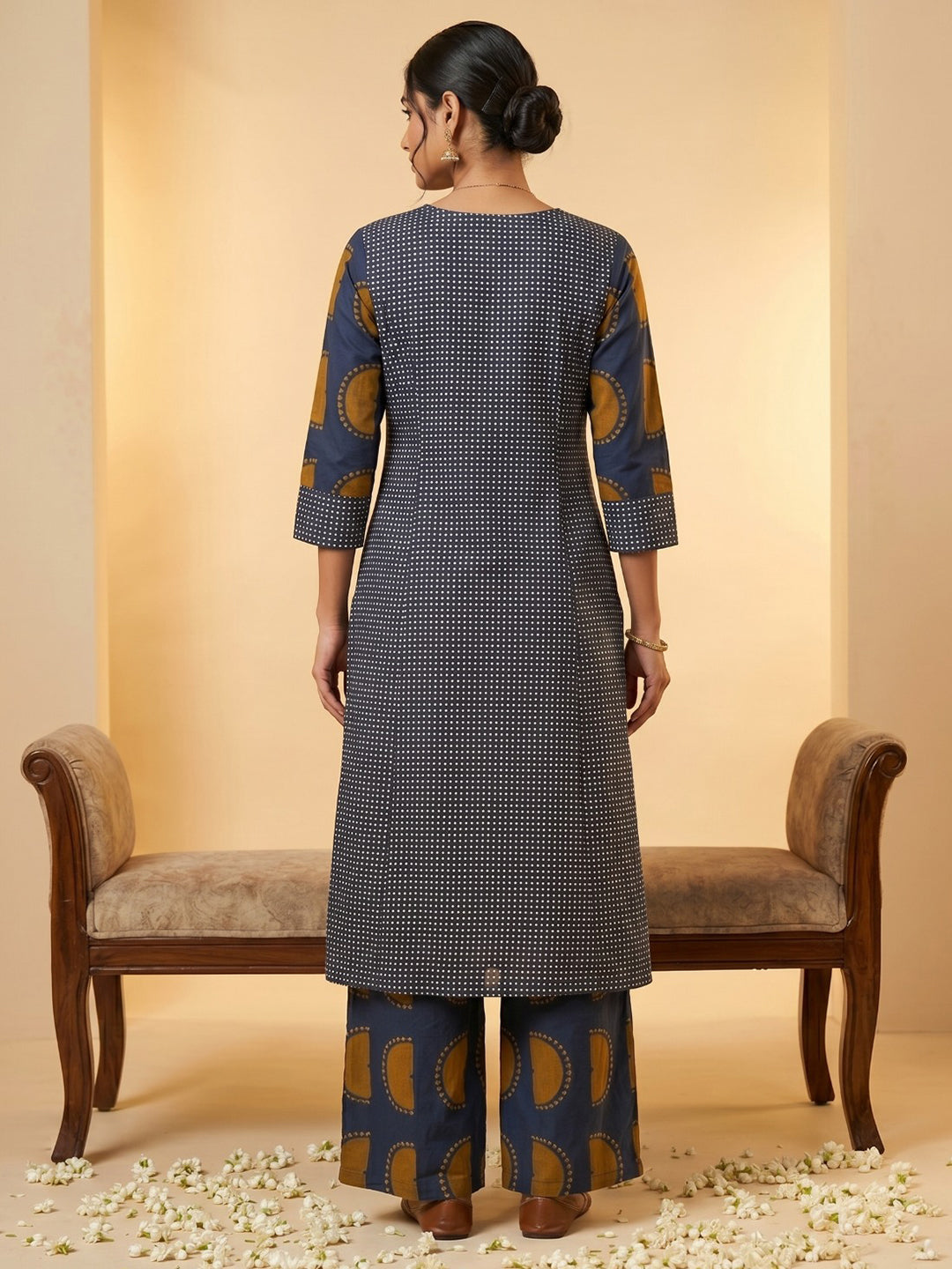 Blue Embroidered Cotton Blend Round Neck Straight Kurta With Pant