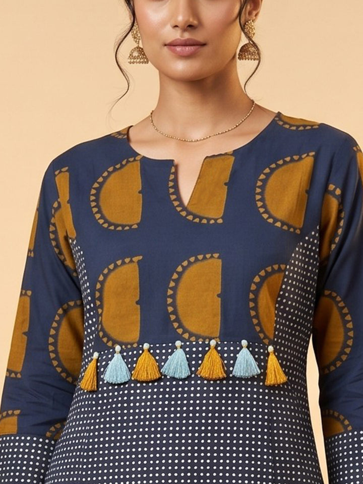 Blue Embroidered Cotton Blend Round Neck Straight Kurta With Pant