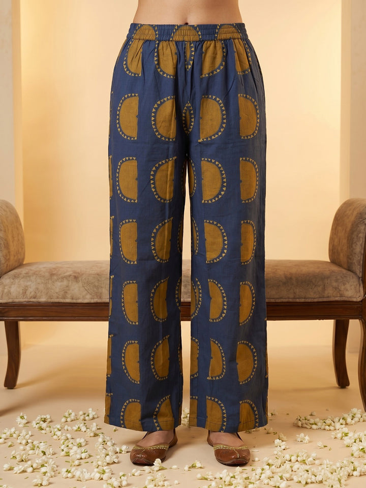Blue Embroidered Cotton Blend Round Neck Straight Kurta With Pant