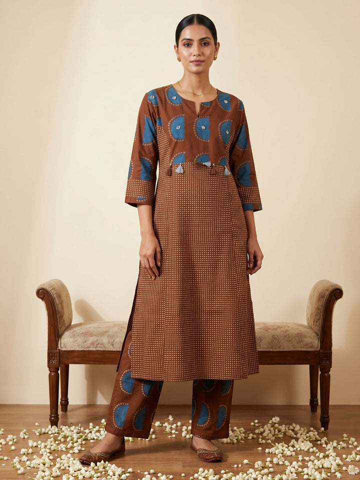Brown Embroidered Cotton Blend Round Neck Straight Kurta With Pant