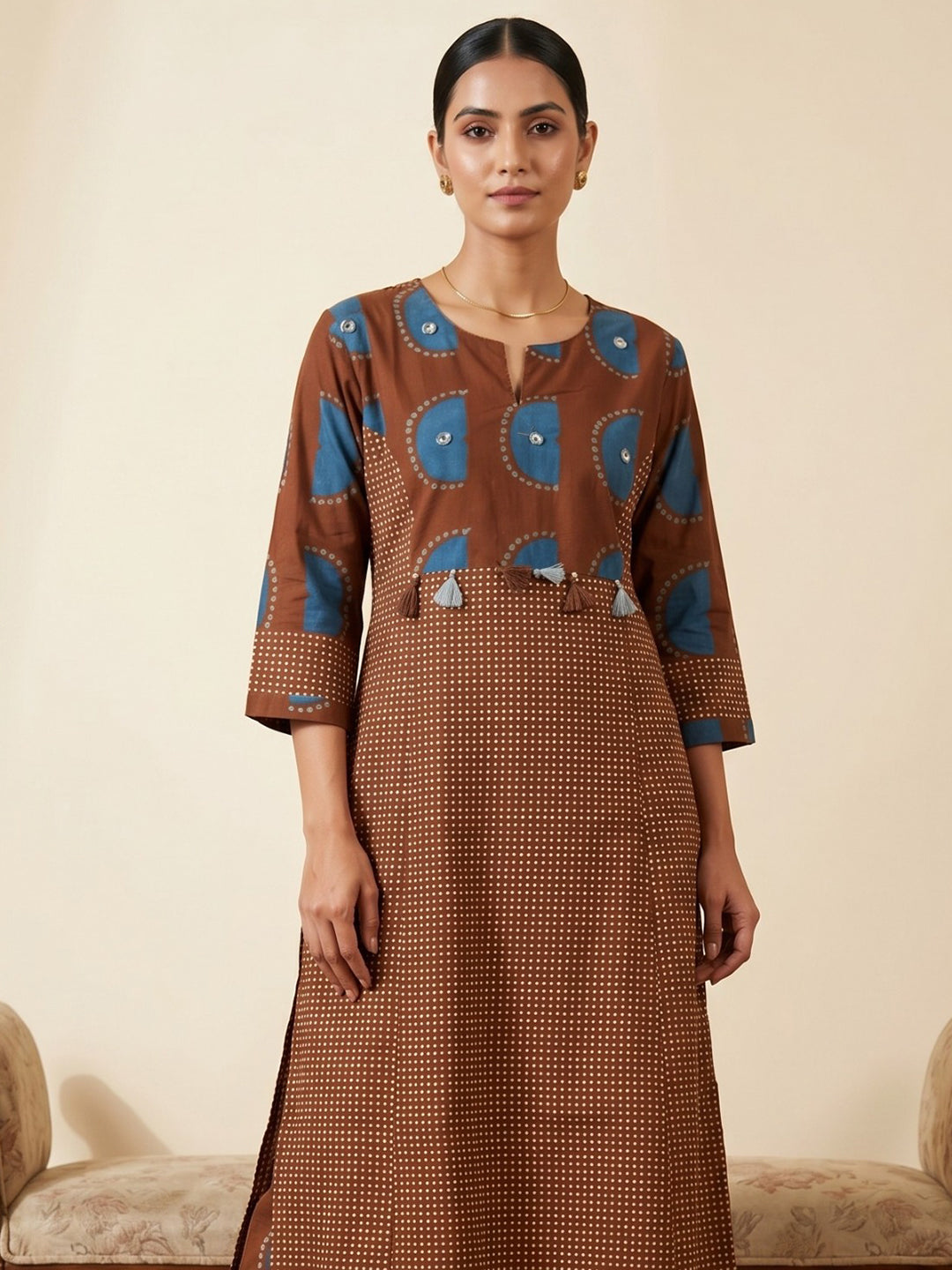 Brown Embroidered Cotton Blend Round Neck Straight Kurta With Pant