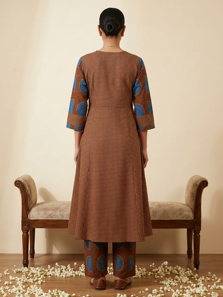 Brown Embroidered Cotton Blend Round Neck Straight Kurta With Pant