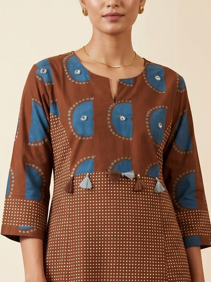 Brown Embroidered Cotton Blend Round Neck Straight Kurta With Pant