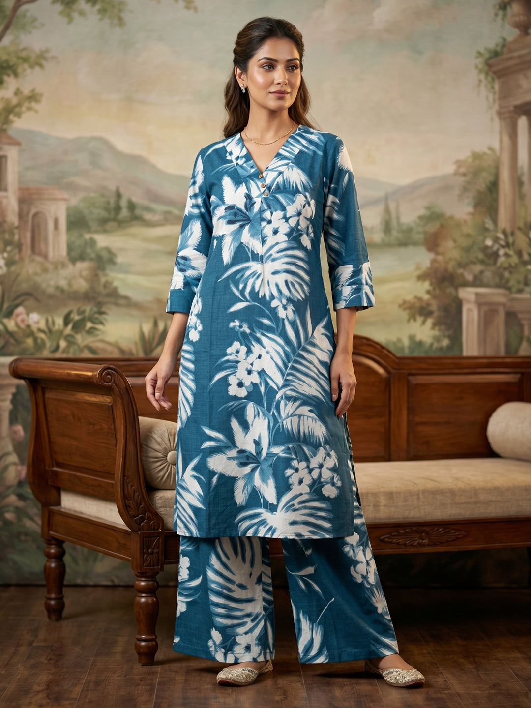 Blue Embroidered Cotton Blend Round Neck Straight Kurta With Pant