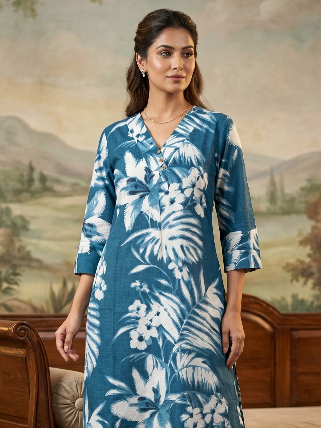 Blue Embroidered Cotton Blend Round Neck Straight Kurta With Pant