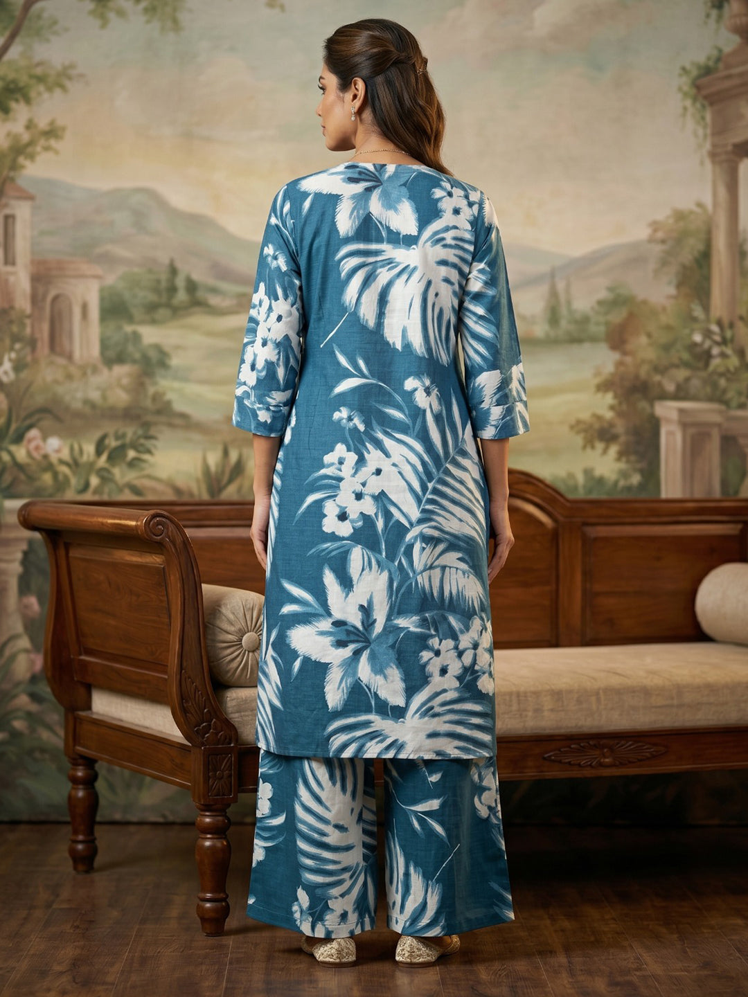Blue Embroidered Cotton Blend Round Neck Straight Kurta With Pant