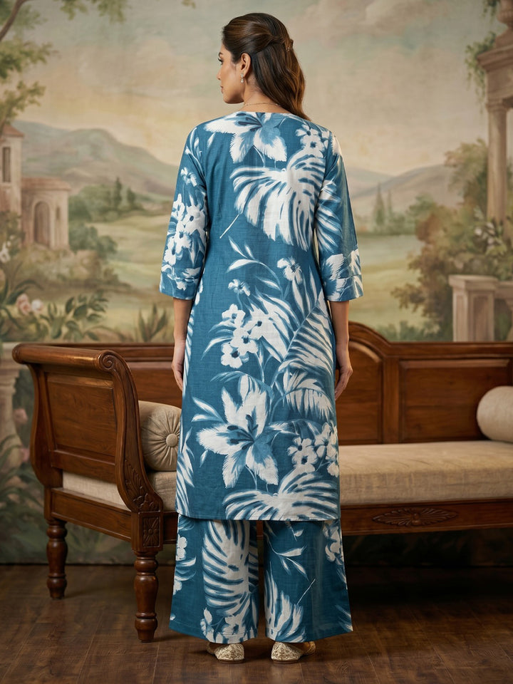 Blue Embroidered Cotton Blend Round Neck Straight Kurta With Pant