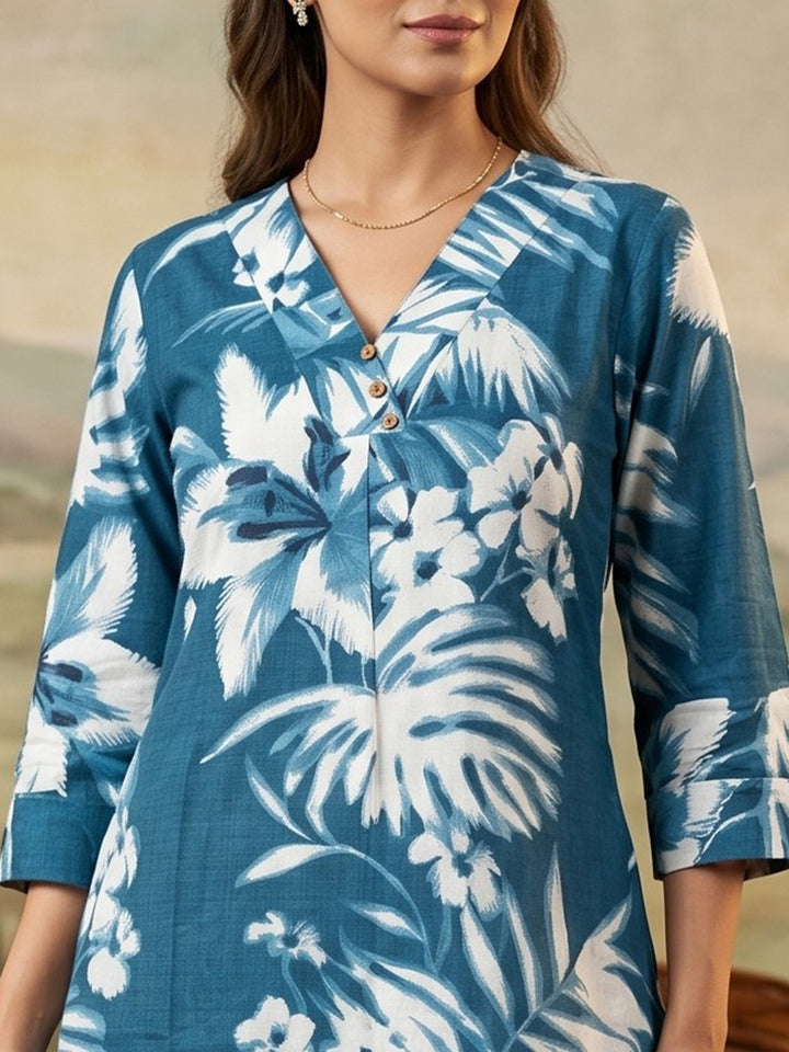 Blue Embroidered Cotton Blend Round Neck Straight Kurta With Pant