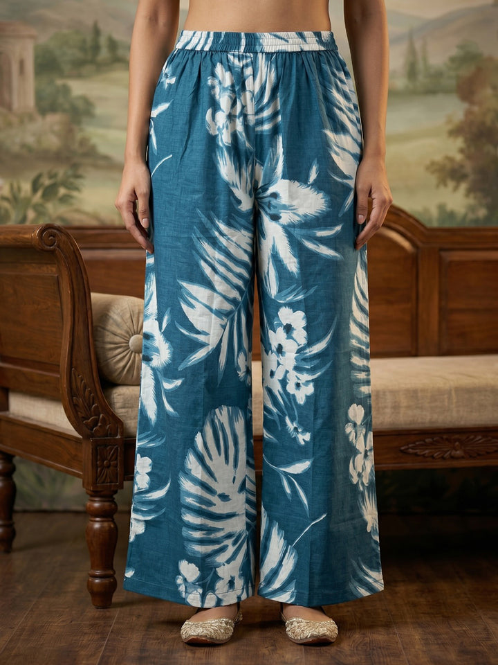 Blue Embroidered Cotton Blend Round Neck Straight Kurta With Pant