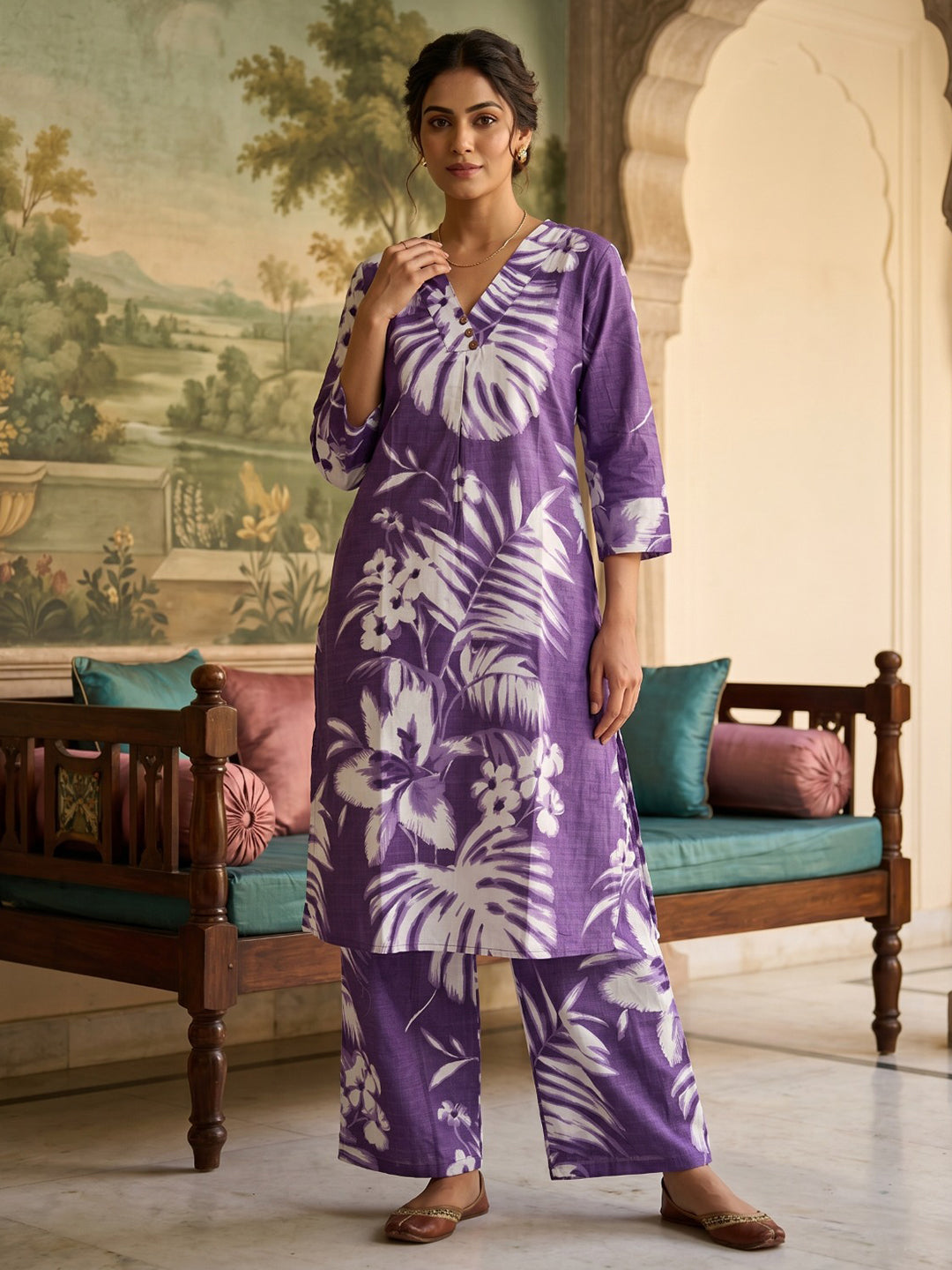 Purple Embroidered Cotton Blend Round Neck Straight Kurta With Pant
