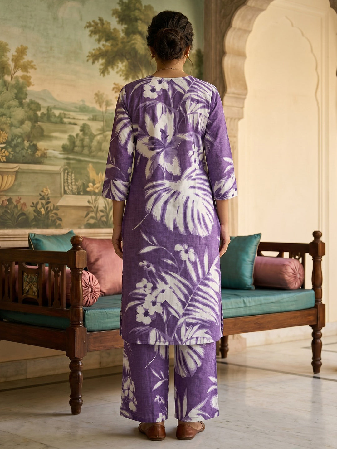 Purple Embroidered Cotton Blend Round Neck Straight Kurta With Pant