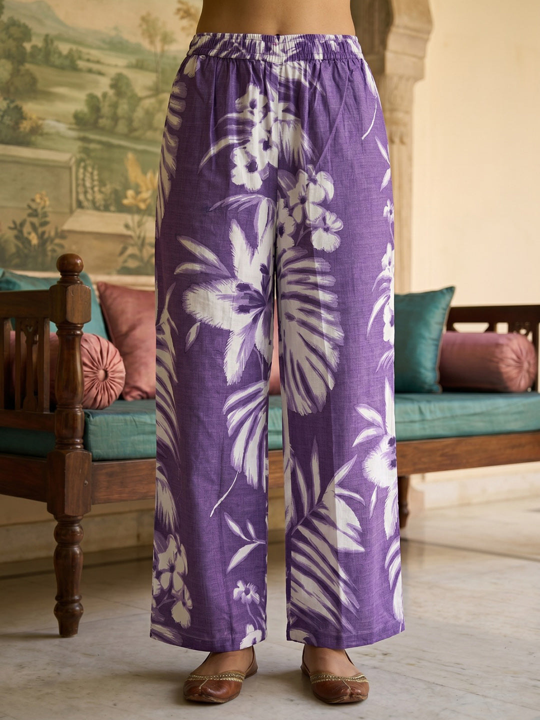 Purple Embroidered Cotton Blend Round Neck Straight Kurta With Pant