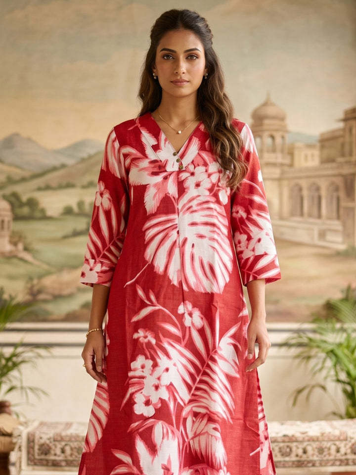 Red Embroidered Cotton Blend Round Neck Straight Kurta With Pant