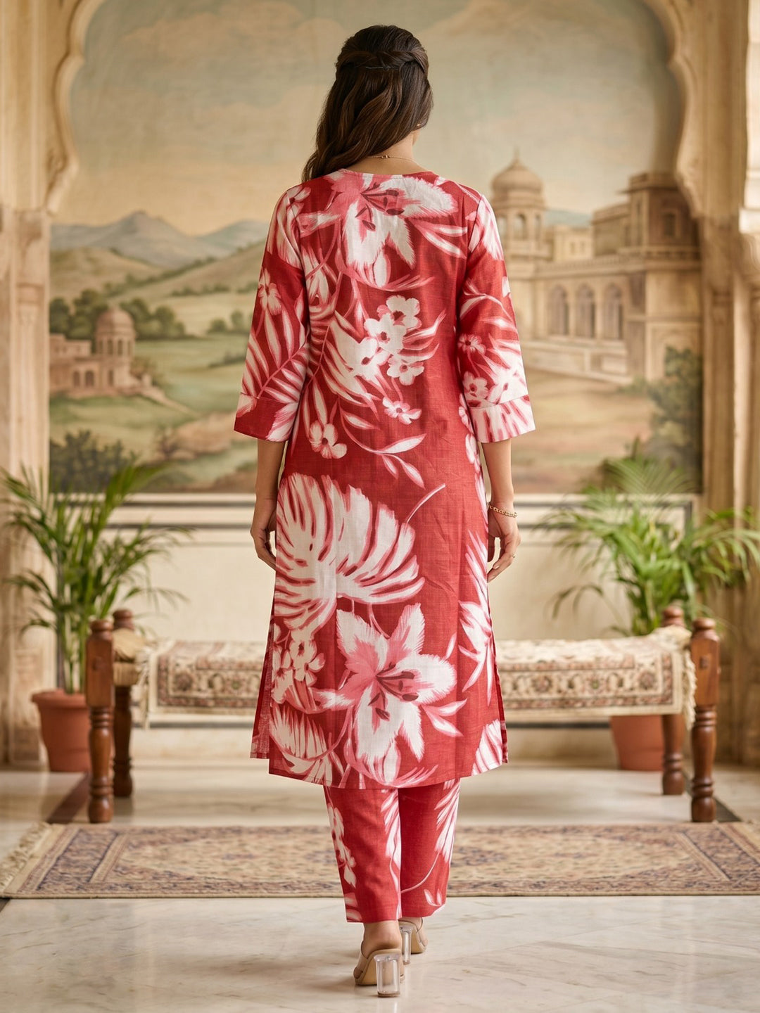 Red Embroidered Cotton Blend Round Neck Straight Kurta With Pant