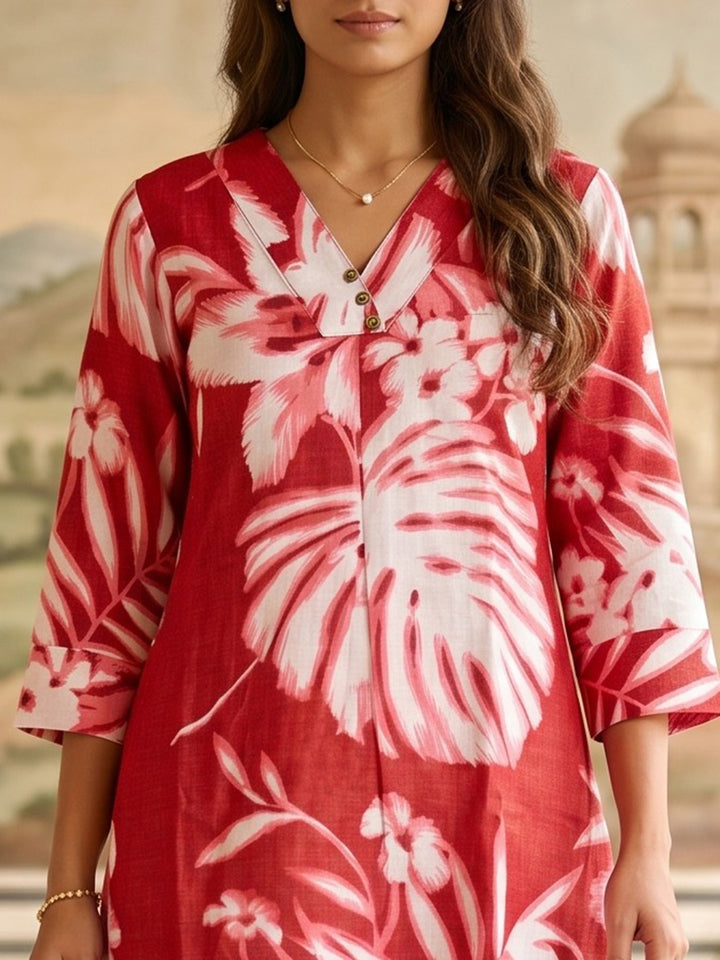 Red Embroidered Cotton Blend Round Neck Straight Kurta With Pant