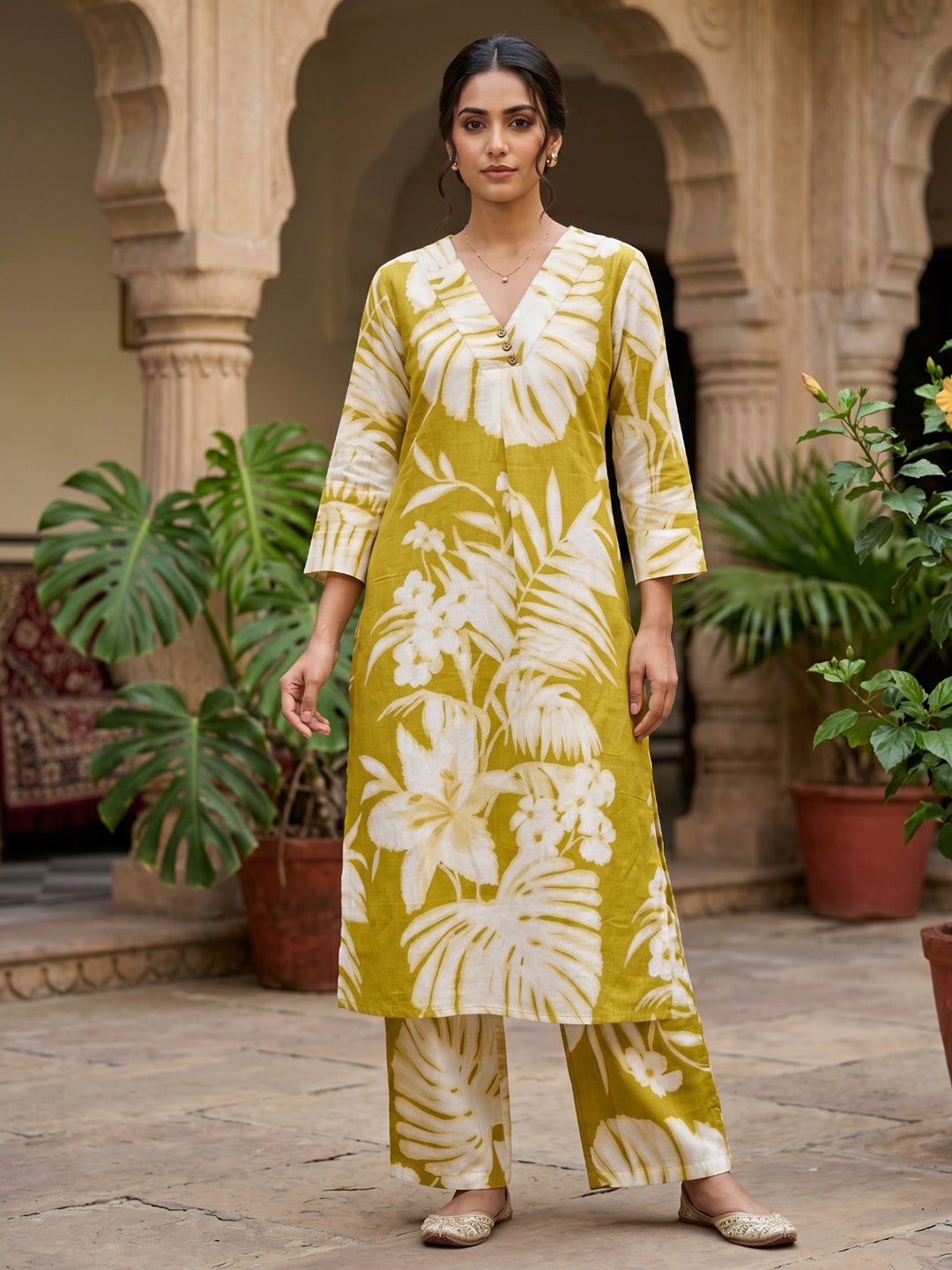 Yellow Embroidered Cotton Blend Round Neck Straight Kurta With Pant