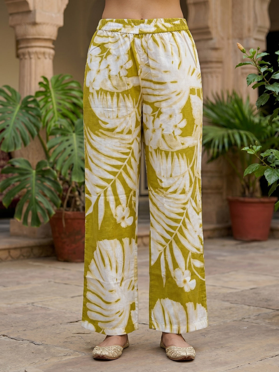 Yellow Embroidered Cotton Blend Round Neck Straight Kurta With Pant