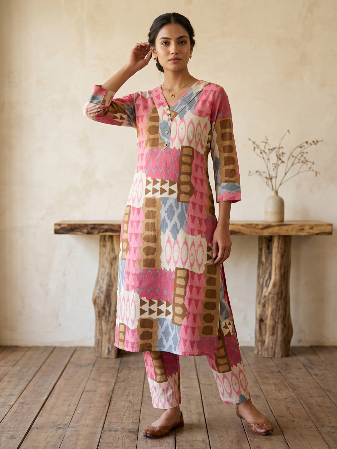 Pink Printed Cotton Blend V Neck Straight Kurta With Pant