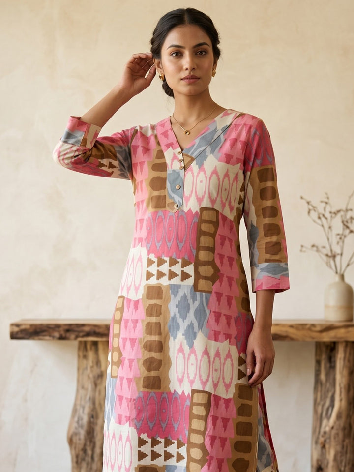 Pink Printed Cotton Blend V Neck Straight Kurta With Pant