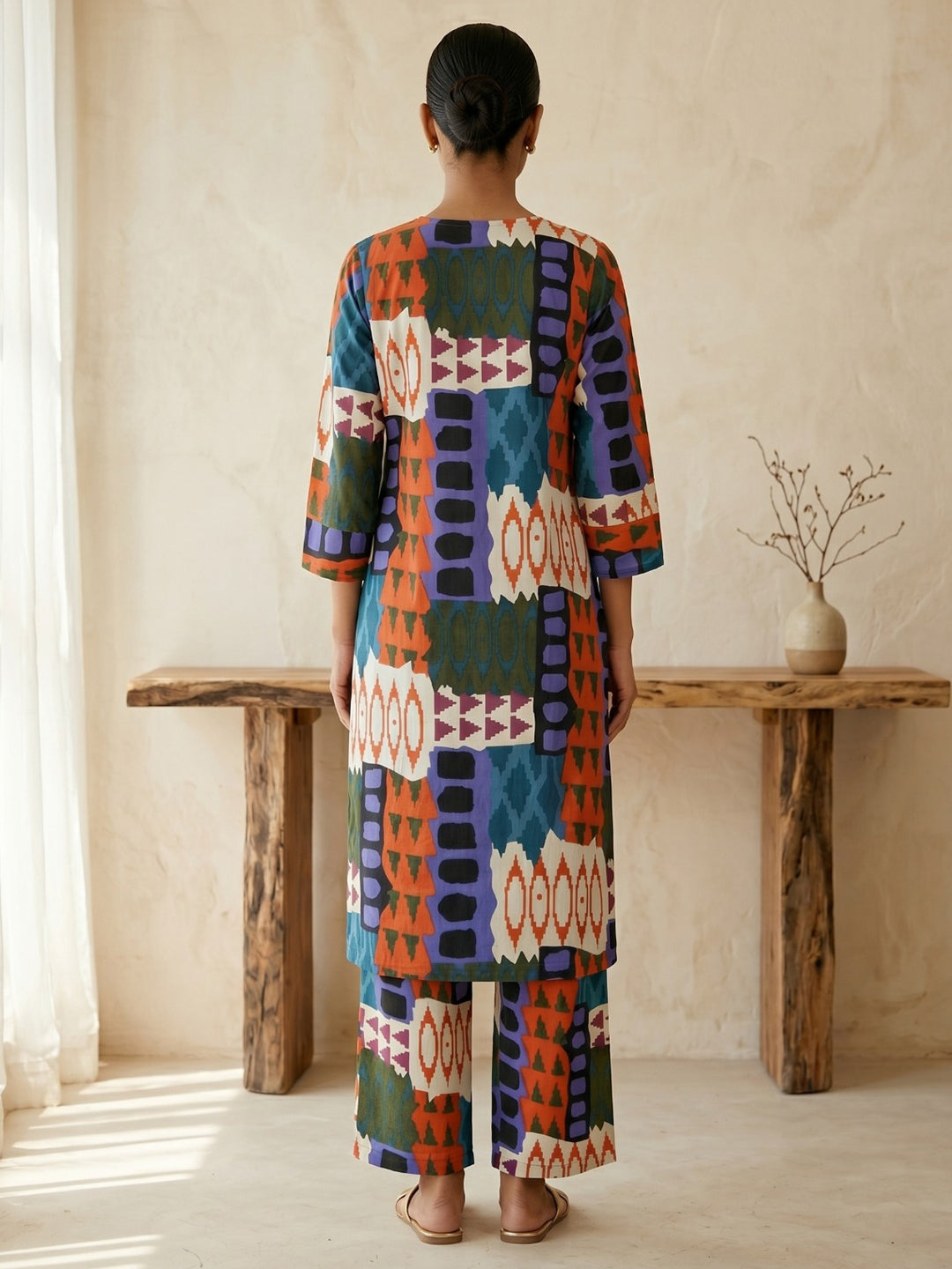 Red Printed Cotton Blend V Neck Straight Kurta With Pant