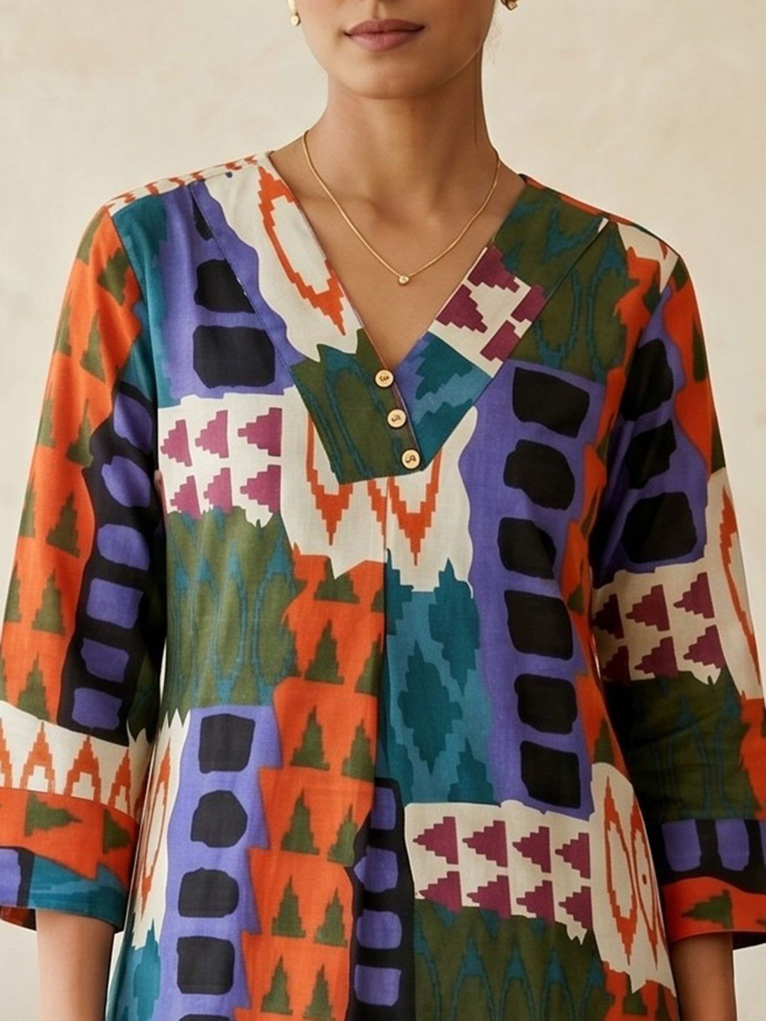 Red Printed Cotton Blend V Neck Straight Kurta With Pant